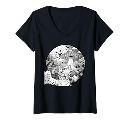 Damen Lustige Katze Selfie mit Alien UFO Halloween Katze für Männer Frauen T-Shirt mit V-Ausschnitt Damen Lustige Katze Selfie mit Alien UFO Halloween Katze für Männer Frauen T-Shirt mit V-Ausschnitt von Funny Cat Selfie Alien UFO Halloween Pumpkin