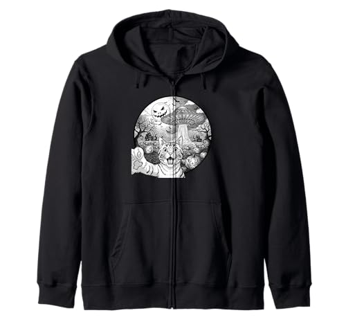 Lustige Katze Selfie mit Alien UFO Halloween Katze für Männer Frauen Kapuzenjacke von Funny Cat Selfie Alien UFO Halloween Pumpkin