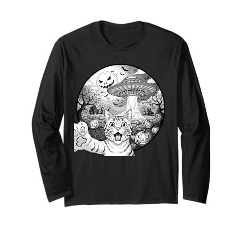Lustige Katze Selfie mit Alien UFO Halloween Katze für Männer Frauen Langarmshirt von Funny Cat Selfie Alien UFO Halloween Pumpkin