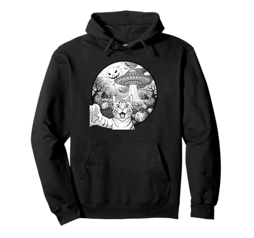 Lustige Katze Selfie mit Alien UFO Halloween Katze für Männer Frauen Pullover Hoodie von Funny Cat Selfie Alien UFO Halloween Pumpkin