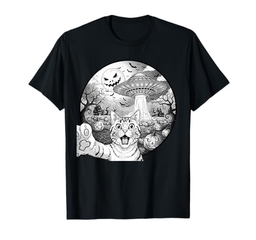 Lustige Katze Selfie mit Alien UFO Halloween Katze für Männer Frauen T-Shirt von Funny Cat Selfie Alien UFO Halloween Pumpkin