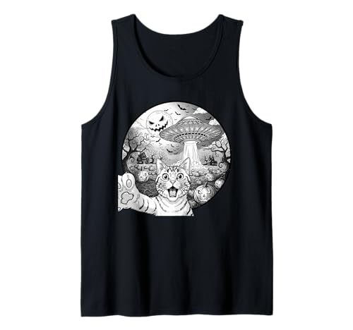 Lustige Katze Selfie mit Alien UFO Halloween Katze für Männer Frauen Tank Top von Funny Cat Selfie Alien UFO Halloween Pumpkin