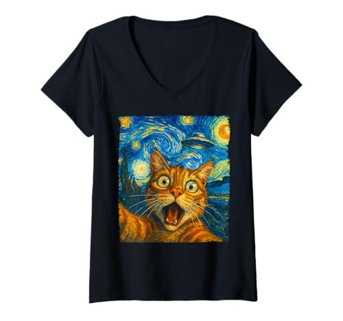 Damen Lustige Katze Selfie Alien UFO The Starry Night Cats Lover Cute T-Shirt mit V-Ausschnitt von Funny Cat Selfie Alien UFO Starry Night Cats lover