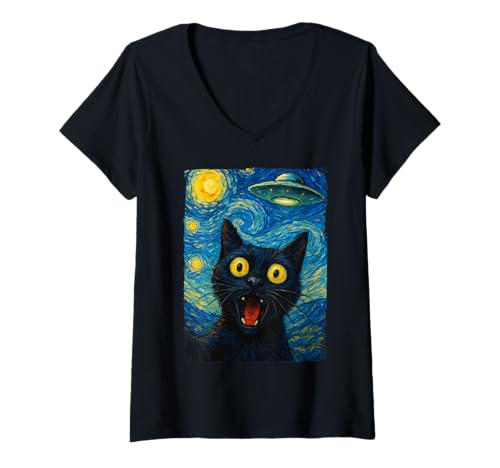Damen Lustige Katze Selfie Alien UFO The Starry Night Cats Lover Cute T-Shirt mit V-Ausschnitt von Funny Cat Selfie Alien UFO Starry Night Cats lover