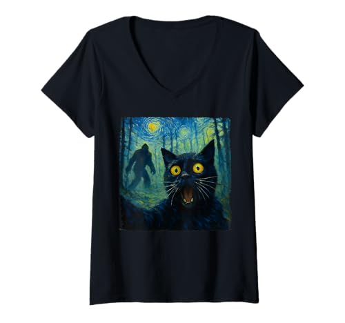Damen Lustige Katze Selfie Bigfoot The Starry Night Cats Lover Cute T-Shirt mit V-Ausschnitt Damen Lustige Katze Selfie Bigfoot The Starry Night Cats Lover Cute T-Shirt mit V-Ausschnitt von Funny Cat Selfie Bigfoot Starry Night Teens Kids