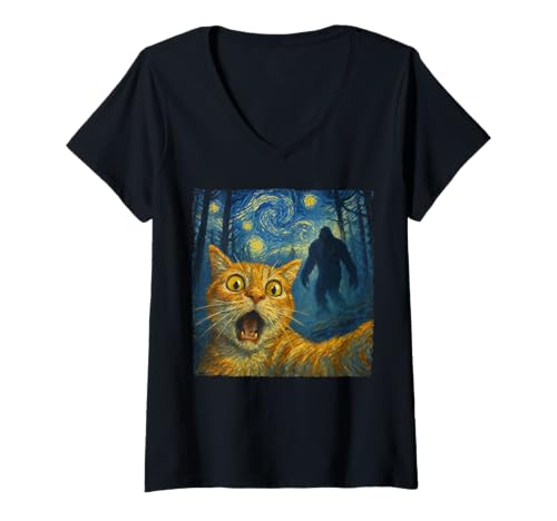 Damen Lustige Katze Selfie Bigfoot The Starry Night Cats Lover Cute T-Shirt mit V-Ausschnitt Damen Lustige Katze Selfie Bigfoot The Starry Night Cats Lover Cute T-Shirt mit V-Ausschnitt von Funny Cat Selfie Bigfoot Starry Night Teens Kids