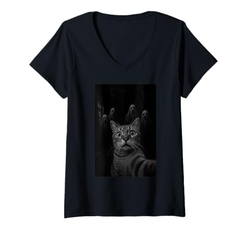 Damen Cat Selfie With Ghosts Funny Cat Halloween T-Shirt mit V-Ausschnitt Damen Cat Selfie With Ghosts Funny Cat Halloween T-Shirt mit V-Ausschnitt von Funny Cat Selfie Graphics Apparel