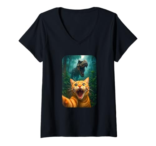 Damen Funny Cat Selfie with T-rex Dinosaur Orange Cat Meme T-Shirt mit V-Ausschnitt Damen Funny Cat Selfie with T-rex Dinosaur Orange Cat Meme T-Shirt mit V-Ausschnitt von Funny Cat Selfie T-rex Tops ...