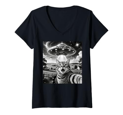 Damen Cat Selfie with Aliens UFO Funny Cats Alien Abduction T-Shirt mit V-Ausschnitt Damen Cat Selfie with Aliens UFO Funny Cats Alien Abduction T-Shirt mit V-Ausschnitt von Funny Cat Selfie Tee