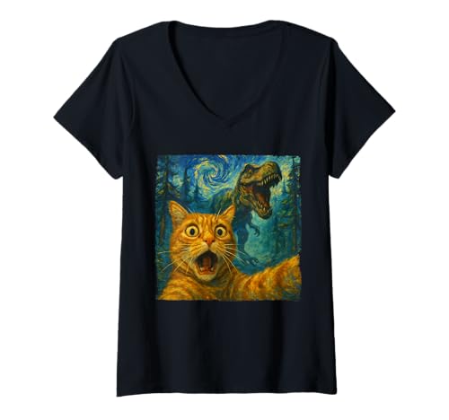 Damen Lustige Katze Selfie T-Rex Dinosaurier The Starry Night Cats Lover T-Shirt mit V-Ausschnitt von Funny Cat Selfie With T-rex Dinosaur Starry Night