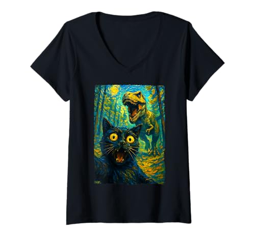 Damen Lustige Katze Selfie T-Rex Dinosaurier The Starry Night Cats Lover T-Shirt mit V-Ausschnitt von Funny Cat Selfie With T-rex Dinosaur Starry Night