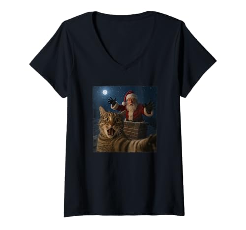 Damen Funny Cat Selfie with Santa in Chimney Christmas T-Shirt mit V-Ausschnitt Damen Funny Cat Selfie with Santa in Chimney Christmas T-Shirt mit V-Ausschnitt von Funny Cat Selfie with Santa in Chimney Christmas