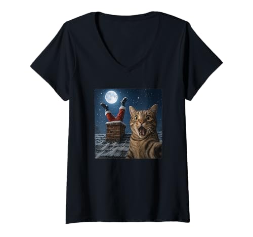 Damen Funny Cat Selfie with Santa in Chimney Christmas T-Shirt mit V-Ausschnitt Damen Funny Cat Selfie with Santa in Chimney Christmas T-Shirt mit V-Ausschnitt von Funny Cat Selfie with Santa in Chimney Christmas