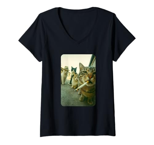 Damen Funny Smoking Cat Meme Cigarette Cat Hilarious Cats Gang T-Shirt mit V-Ausschnitt von Funny Cat Smoking Meme Tops ...