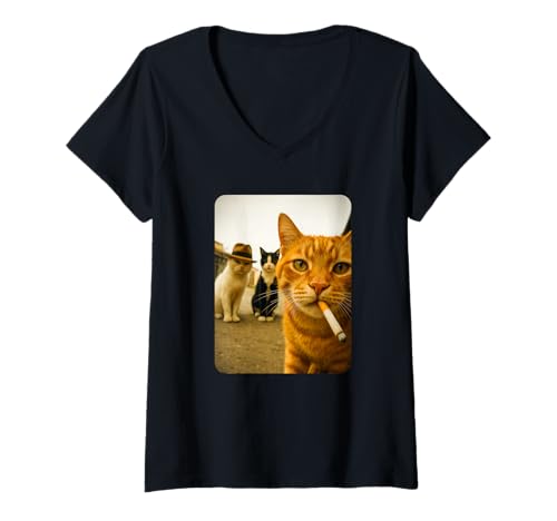 Damen Funny Smoking Cat Meme Cigarette Cat Hilarious Cats Gang T-Shirt mit V-Ausschnitt von Funny Cat Smoking Meme Tops ...