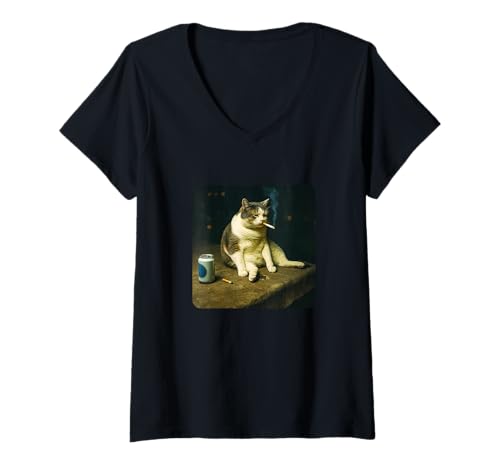 Damen Hilarious Smoking Cat Meme Funny Drinking Depressed Cat Meme T-Shirt mit V-Ausschnitt von Funny Cat Smoking Meme Tops ...