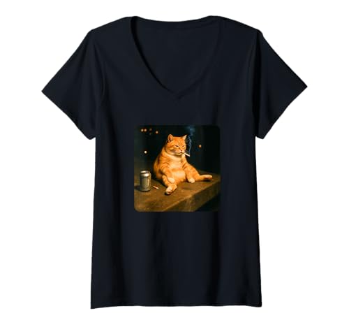 Damen Hilarious Smoking Cat Meme Funny Drinking Depressed Cat Meme T-Shirt mit V-Ausschnitt von Funny Cat Smoking Meme Tops ...
