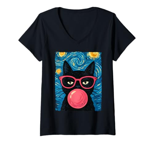 Damen Lustige Katzenbrille Bubblegum The Starry Night Cats Lover Cute T-Shirt mit V-Ausschnitt von Funny Cat Starry Night Cats lover teens kids women