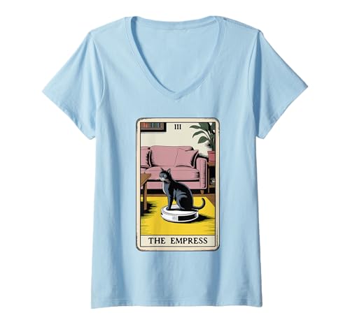 Damen The Empress Roboter Staubsauger Katze Lustige Tarotkarte Katze T-Shirt mit V-Ausschnitt von Funny Cat Tarot Designs
