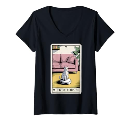 Damen Wheel of Fortune Roboter Staubsauger Lustige Tarotkarte Katze T-Shirt mit V-Ausschnitt von Funny Cat Tarot Designs