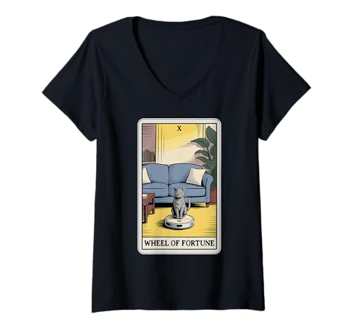 Damen Wheel of Fortune Roboter Staubsauger Lustige Tarotkarte Katze T-Shirt mit V-Ausschnitt von Funny Cat Tarot Designs