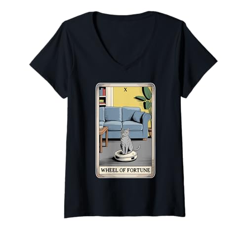 Damen Wheel of Fortune Roboter Staubsauger Lustige Tarotkarte Katze T-Shirt mit V-Ausschnitt von Funny Cat Tarot Designs