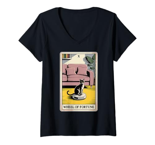 Damen Wheel of Fortune Roboter Staubsauger Lustige Tarotkarte Katze T-Shirt mit V-Ausschnitt von Funny Cat Tarot Designs