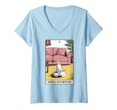 Damen Wheel of Fortune Roboter Staubsauger Lustige Tarotkarte Katze T-Shirt mit V-Ausschnitt von Funny Cat Tarot Designs