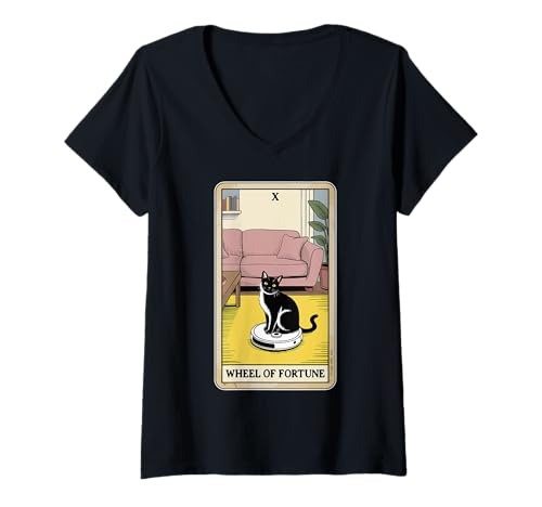 Damen Wheel of Fortune Roboter Staubsauger Lustige Tarotkarte Katze T-Shirt mit V-Ausschnitt von Funny Cat Tarot Designs