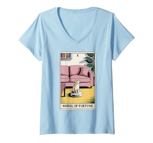 Damen Wheel of Fortune Roboter Staubsauger Lustige Tarotkarte Katze T-Shirt mit V-Ausschnitt von Funny Cat Tarot Designs