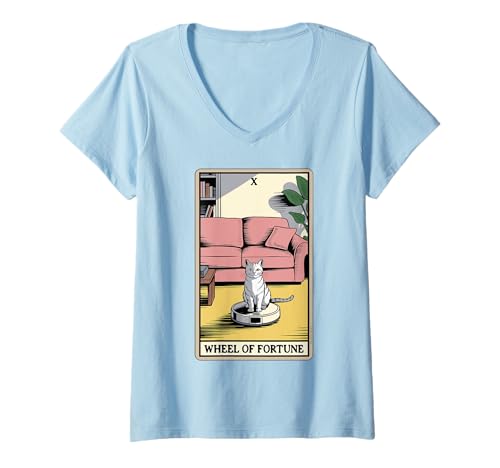 Damen Wheel of Fortune Roboter Staubsauger Lustige Tarotkarte Katze T-Shirt mit V-Ausschnitt von Funny Cat Tarot Designs