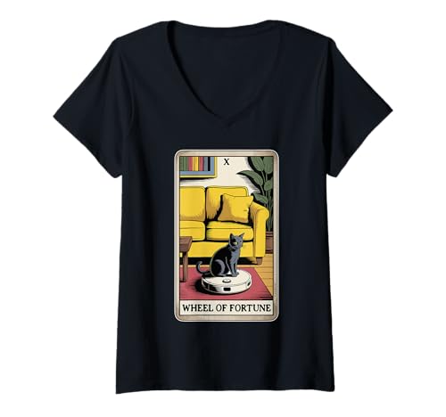 Damen Wheel of Fortune Roboter Staubsauger Lustige Tarotkarte Katze T-Shirt mit V-Ausschnitt von Funny Cat Tarot Designs