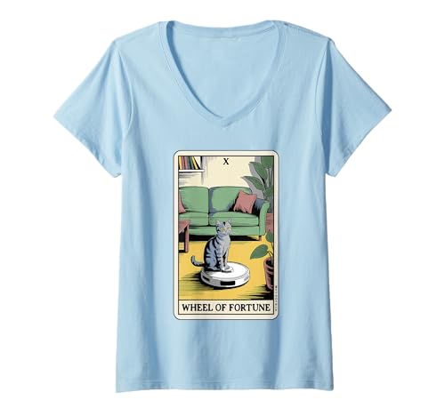 Damen Wheel of Fortune Roboter Staubsauger Lustige Tarotkarte Katze T-Shirt mit V-Ausschnitt von Funny Cat Tarot Designs