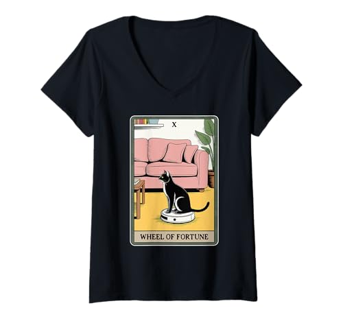 Damen Wheel of Fortune Roboter Staubsauger Lustige Tarotkarte Katze T-Shirt mit V-Ausschnitt von Funny Cat Tarot Designs