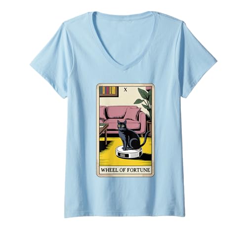 Damen Wheel of Fortune Roboter Staubsauger Lustige Tarotkarte Katze T-Shirt mit V-Ausschnitt von Funny Cat Tarot Designs
