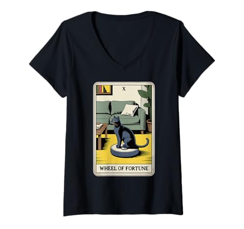 Damen Wheel of Fortune Roboter Staubsauger Lustige Tarotkarte Katze T-Shirt mit V-Ausschnitt von Funny Cat Tarot Designs