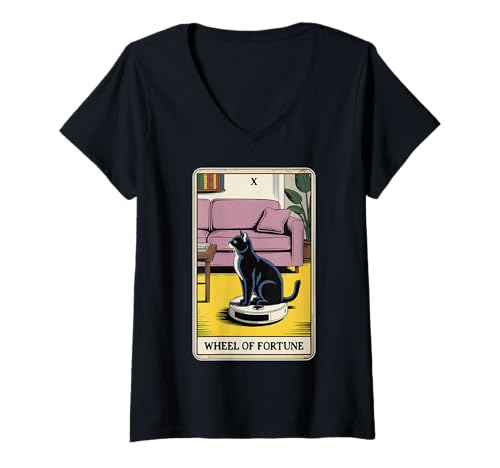 Damen Wheel of Fortune Roboter Staubsauger Lustige Tarotkarte Katze T-Shirt mit V-Ausschnitt von Funny Cat Tarot Designs
