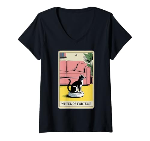Damen Wheel of Fortune Roboter Staubsauger Lustige Tarotkarte Katze T-Shirt mit V-Ausschnitt von Funny Cat Tarot Designs