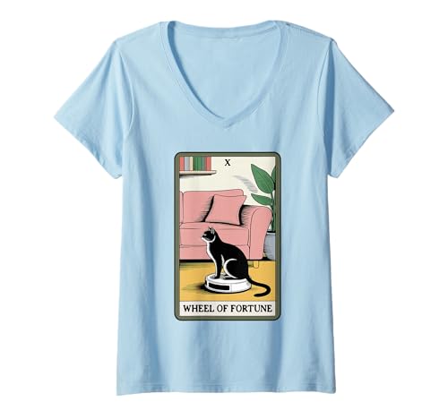 Damen Wheel of Fortune Roboter Staubsauger Lustige Tarotkarte Katze T-Shirt mit V-Ausschnitt von Funny Cat Tarot Designs