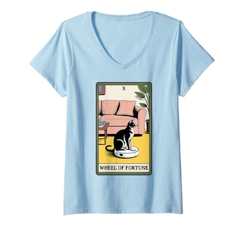 Damen Wheel of Fortune Roboter Staubsauger Lustige Tarotkarte Katze T-Shirt mit V-Ausschnitt von Funny Cat Tarot Designs