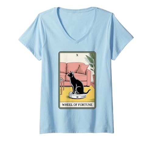 Damen Wheel of Fortune Roboter Staubsauger Lustige Tarotkarte Katze T-Shirt mit V-Ausschnitt von Funny Cat Tarot Designs