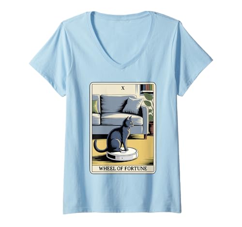 Damen Wheel of Fortune Roboter Staubsauger Lustige Tarotkarte Katze T-Shirt mit V-Ausschnitt von Funny Cat Tarot Designs