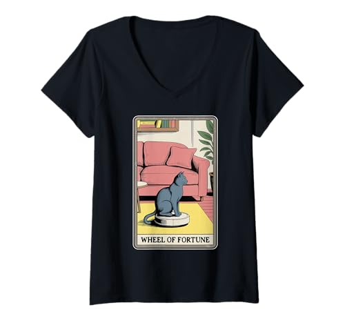 Damen Wheel of Fortune Roboter Staubsauger Lustige Tarotkarte Katze T-Shirt mit V-Ausschnitt von Funny Cat Tarot Designs