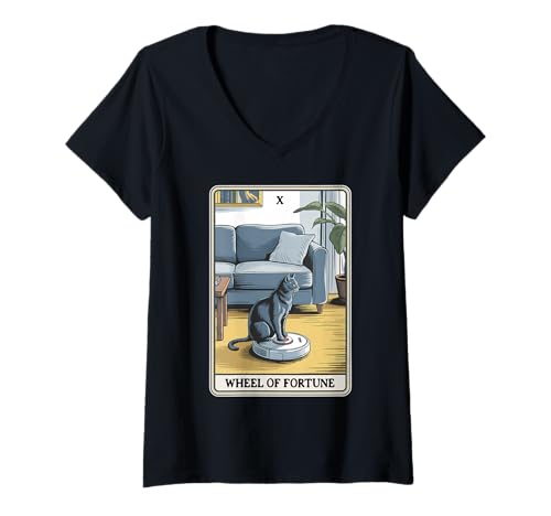 Damen Wheel of Fortune Roboter Staubsauger Lustige Tarotkarte Katze T-Shirt mit V-Ausschnitt von Funny Cat Tarot Designs