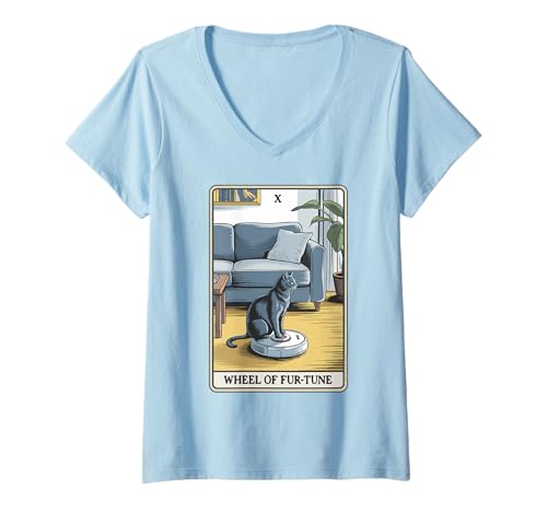 Damen Wheel of Fur-Tune Roboter Staubsauger Lustige Tarotkarte Katze T-Shirt mit V-Ausschnitt von Funny Cat Tarot Designs