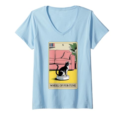 Damen Wheel of Fur-Tune Roboter Staubsauger Lustige Tarotkarte Katze T-Shirt mit V-Ausschnitt von Funny Cat Tarot Designs