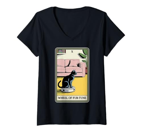 Damen Wheel of Fur-Tune Roboter Staubsauger Lustige Tarotkarte Katze T-Shirt mit V-Ausschnitt von Funny Cat Tarot Designs