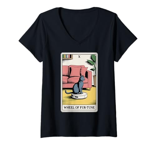Damen Wheel of Fur-Tune Roboter Staubsauger Lustige Tarotkarte Katze T-Shirt mit V-Ausschnitt von Funny Cat Tarot Designs
