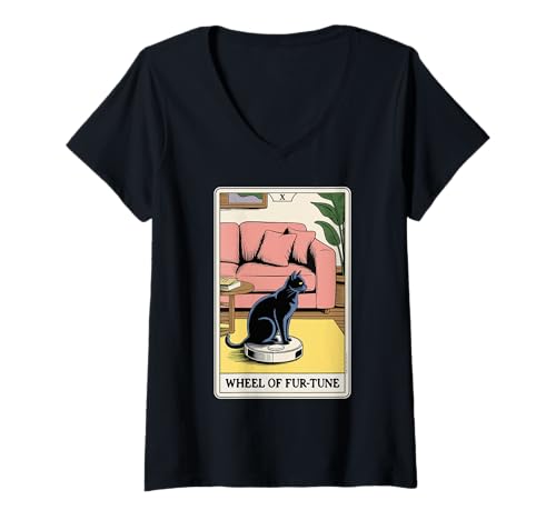 Damen Wheel of Fur-Tune Roboter Staubsauger Lustige Tarotkarte Katze T-Shirt mit V-Ausschnitt von Funny Cat Tarot Designs