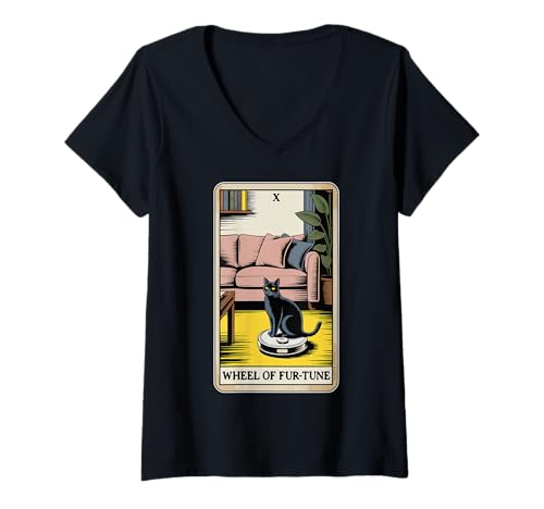 Damen Wheel of Fur-Tune Roboter Staubsauger Lustige Tarotkarte Katze T-Shirt mit V-Ausschnitt von Funny Cat Tarot Designs